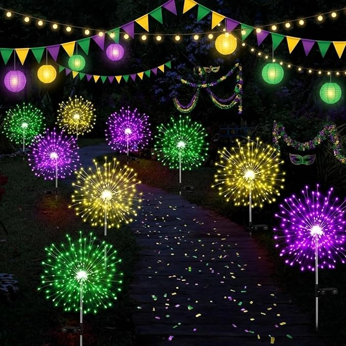 9 Pcs Mardi Gras Solar Firework Lights Solar Lights Outdoor Garden 120 LED 8 Modes Waterproof LED Sparkler Outdoor for Carnival Patio Yard Pathway Walkway (Purple,Yellow,Green)