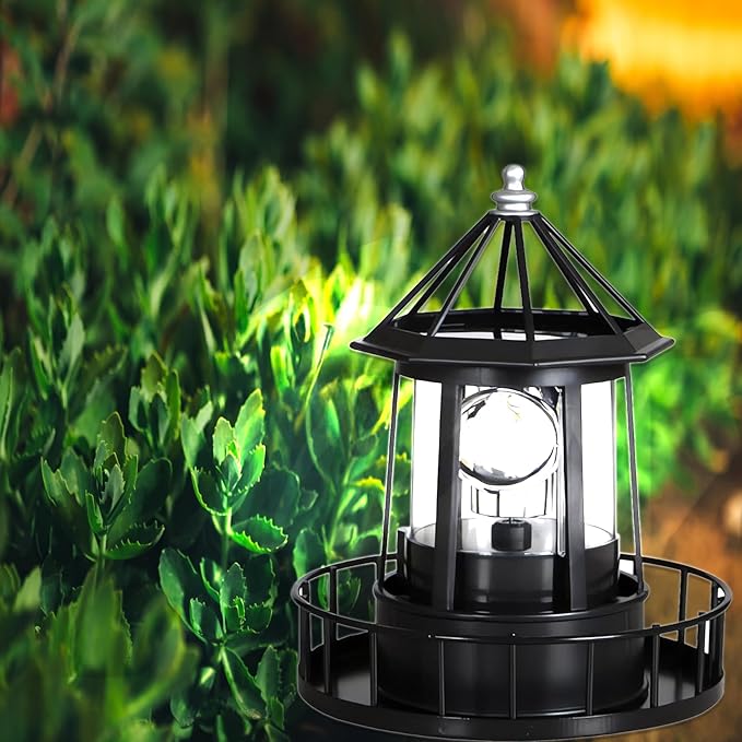 Solar Lighthouse Rotating Light - 360 Degree Rotating Lighthouse Lamp,IP65 Waterproof Solar Lighthouse Towers Statue Lights for Patio Fence Garden Courtyards,Lawns Decor (Black)