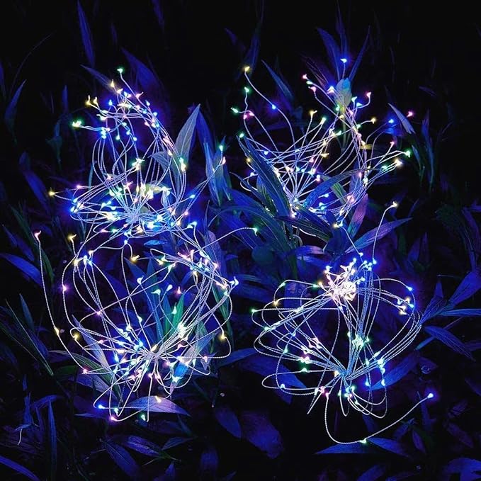 Solar Firework Lights 2Pcs Garden Lights Outdoor Waterproof, 120 LED with 8 Modes Twinkling and Steady-On, Festive daysStarburst Lights for Path, Patio, Yard (Colorful)