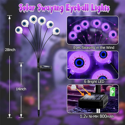 Purple Halloween Decorations Outdoor, 8 Pack 48 LED Solar Scary Eyeball Swaying Lights, Purple Solar Firefly Light Waterproof Outdoor Garden Lights for Halloween Yard Garden Lawn Party Flower Bed