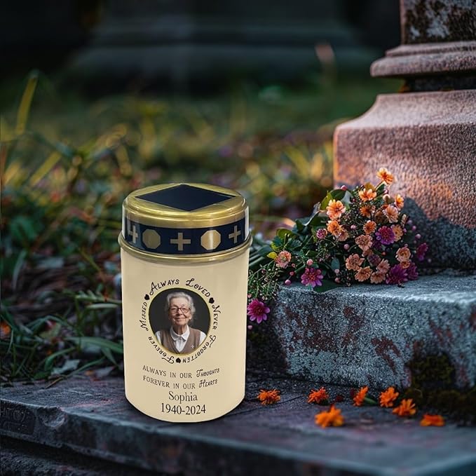Cemetery Grave Candle Lamp Custom Photos, Solar Power Lights Personalized Photo Grave Meorial Lights for Grave Cemetery Decor