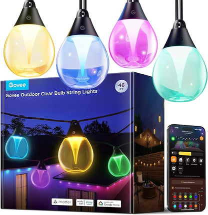 Govee Outdoor Clear Bulb String Lights, 48ft RGBWIC Outdoor String Lights with 15 Dimmable Warm White LED Bulbs, 111 Scene Modes for Patio, Backyard, IP67 Waterproof, Works with Alexa, Google & Matter