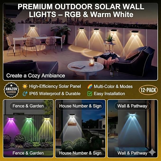 Solar Fence Lights Outdoor Waterproof, 12 Pack, Adjustable Color Temperature 3000K/4000K/6000K, LED Step Lights for Patio Yard Wall Railing Garden, Auto On/Off