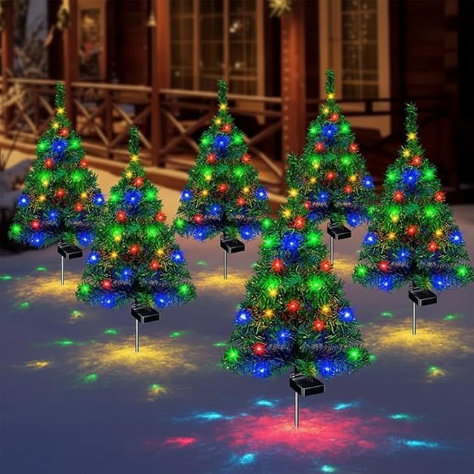 Solar Christmas Tree Lights Holiday Decorations, Outdoor Courtyards Solar Powered Artificial Xmas Tree for Yard Porch Pathway, LED Mini Christmas Decor for Outside Garden Patio Lawn(6PCS)