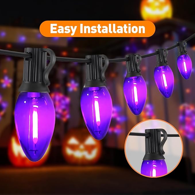 C7 Purple Christmas Lights Outdoor and Indoor 10ft - Halloween LED String Lights with 10 Vintage Bulbs, Waterproof Black Wire for Patio, Roofline, Xmas Tree, Holiday Decor