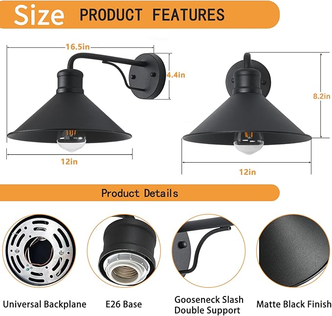 12in Matte Black Outdoor Wall Lights, Modern Farmhouse Porch Wall Light Fixtures Wall Mount, Exterior E26 Barn | Lumora