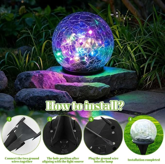 2 Pack Solar Path Lights Outdoor, Cracked Glass Globe with Light Control, IP67 Waterproof Solar Garden Lights, Warm Yellow & 4-Color LED Ball Lights for Yard, Patio, Lawn & Holiday Decor (Multicolor)