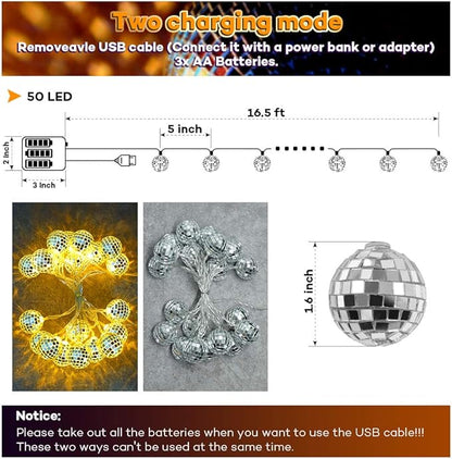 AceList 50 LED Disco Ball Mirror LED Party Light String Christmas Lanterns for Holiday Wall Window Tree Decorations Indoor Outdoor Patio Party Yard Garden Kids Bedroom Living(Warm White)