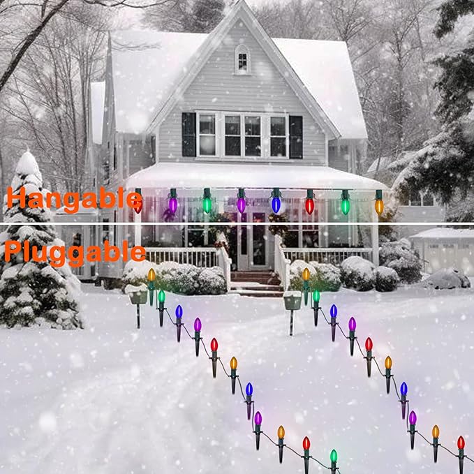 C9 LED Christmas Pathway Lights 38 Feet Outdoor String Lights with Marker Stakes, 25 LED Clear Multicolor Connectable Christmas Walkway Markers Lights for Outside Porch Garden Patio Lawn Decor