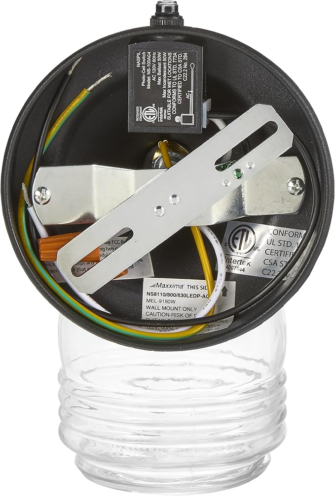 Maxxima Outdoor Wall Lantern Light Fixture, Enclosed Clear Ribbed Glass Jelly Jar Exterior Light, Black Finish, Dusk to Dawn Sensor, 800 Lumens, Photocell Sensor, 3000K Warm White