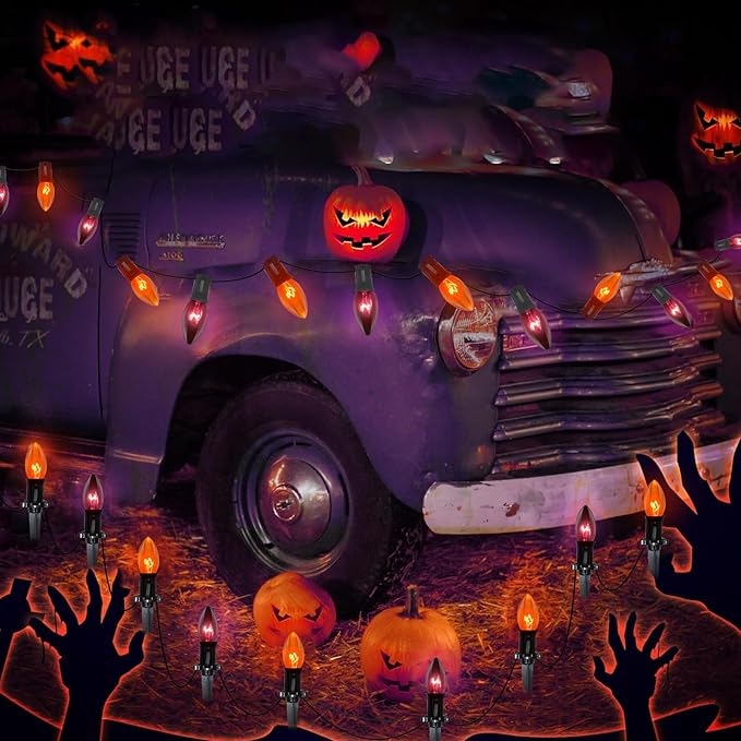 Halloween Pathway Lights Outdoor,19.5Ft C9 Halloween Stake Lights with 10 Clear Orange Black C9 Bulbs, Connectable | Lumora