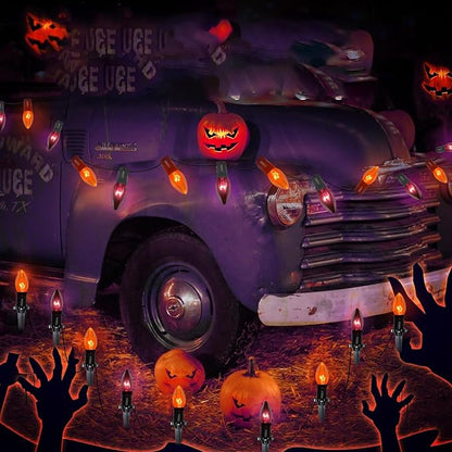 Halloween Pathway Lights Outdoor,19.5Ft C9 Halloween Stake Lights with 10 Clear Orange Black C9 Bulbs, Connectable String Lights for Indoor Outdoor Party Home Garden Porch Decor