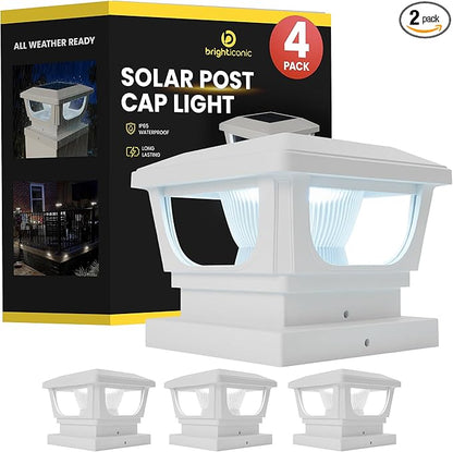 Brighticonic Solar Post Cap Lights Outdoor for 4x4, 3x3 – Auto On/Off Post Lights Solar Powered - Easy Install, IP65 Waterproof Deck & Fence Lights – Long Lasting Battery – 120 Lumen, CoolWhite - 4pck