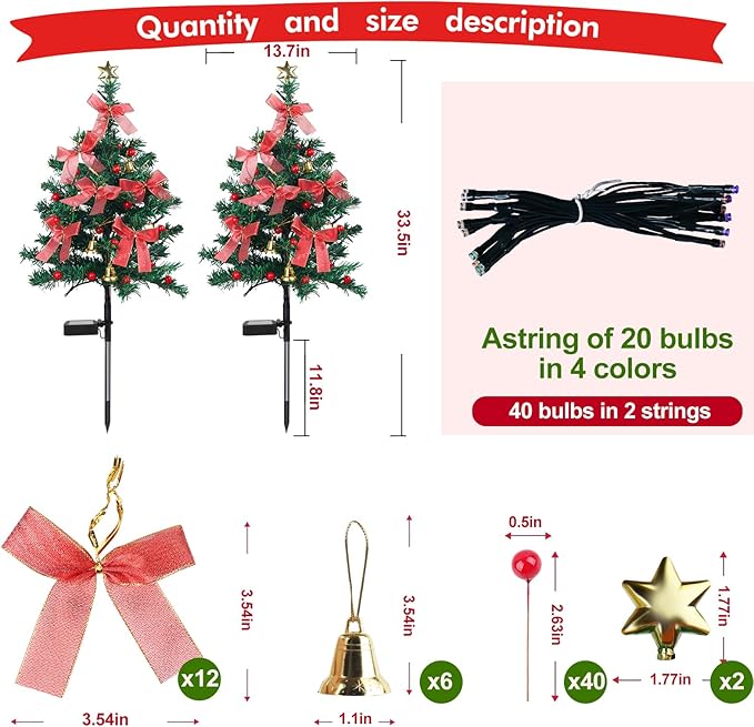 Solar Christmas Trees Decorations, 2 Pack Solar Powered Xmas Tree Lights, Pathway Lights with Multi-Color Lights | Lumora