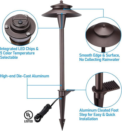 LEONLITE 5CCT Low Voltage Pathway Lights, 12-24V LED Landscape Path Light, 1800/2700/3000/4000/5000K, Double Layer, CRI90, IP65 Waterproof Landscape Lighting, Aluminum, Oil Rubbed Bronze, Pack of 6