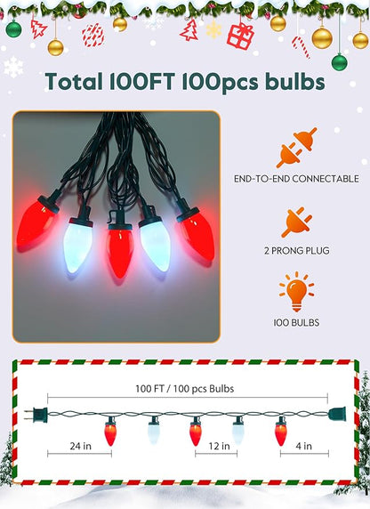 Moonflor C9 LED Christmas Lights Outdoor, 100ft Feet 100 LED Strawberry String Lights with 50 Spring Clamps, Waterproof Commercial Grade Extendable for Indoor Outdoor,Red and Pure White