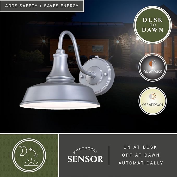 VAXCEL Dorado 9 in. H 1-Light Satin Silver and White Dusk to Dawn Sensor Farmhouse Outdoor Wall Sconce, Gooseneck Steel Shade, Dark Sky Compliant for Exterior Porch Patio Front Door or Garage