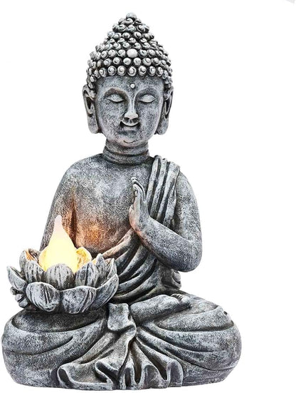 Solar Buddha Statue - Outdoor Zen Sculpture With Flickering LED Lotus Light - Waterproof Garden Decor Gift - 11.81 Inch