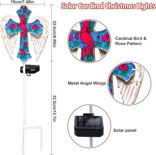 Solar Cross Lights Outdoor, Solar Cardinal Stake Lights Cemetery Decorations for Grave, Jesus Cross Sympathy Memorial Gifts for Christmas Women Mom, Glass Garden Art for Cemetery Yard Patio
