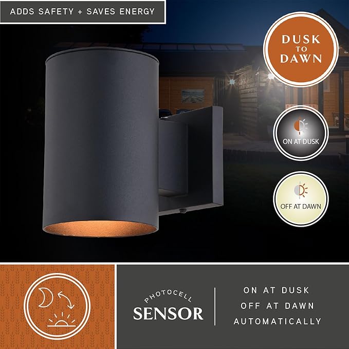 VAXCEL Chiasso 7.25 in. H 1-Light Textured Black Dusk to Dawn Sensor Outdoor Wall Sconce Rust-Resistant Aluminum | Lumora