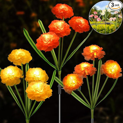 Solar Flowers Outdoor Waterproof, Solar Carnation Stake Lights Outside with 12 Real Looking Flowers for Yard Decorations Outdoor, Front Yard, Garden, Flower Bed, Lawn, Patio Decor (3 Pack)