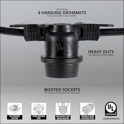 15-ft 10 Socket E26 Commercial Patio Light Stringer, Heavy Duty Weatherproof SJTW Black Wire, 18" Spacing, 16 AWG, Cord Only