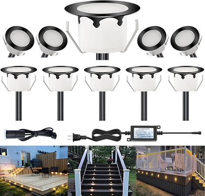 LED Outdoor Deck Lights with Photocell, Φ1.77in Warm White 10 Pack Black, Low Voltage 12V DC IP67 Waterproof, Electric Wired Recessed Stair Step Riser Landscape Lighting for Outside Floor Yard