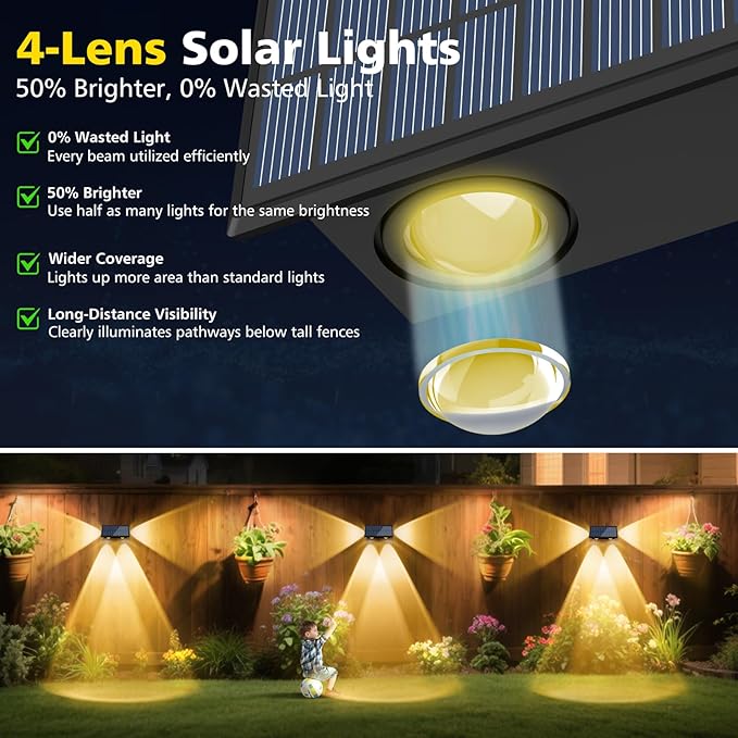 T-SUN Solar Fence Lights Outdoor 6 Pack, Solar Lights with Brighter LED Focus Lens, 8 Mode RGB Warm White Color Changing, Waterproof Fence Lights Solar Powered for Yard Patio Step Railing Pool Decor