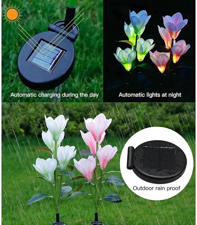 Solar Lights Outdoor - New Upgraded Solar Garden Lights, Multi-Color Changing Magnolia Solar Flower Lights for Patio,Yard Decor, Bigger Flower and Wider Solar Panel (2 Pack)