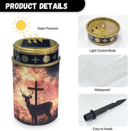 Poceacles 2 Pieces Cross Outdoor Solar Lights Solar Garden Lights Cemetery Solar Lights Water Resistant Pillar Candle Solar Garden Stake Lights for Cemetery Grave Decorations, Deer Cross Galaxy Red