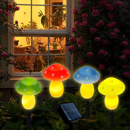 4Pcs Mushroom Solar Lights Outdoor, Waterproof Fairy Houses Light Mushroom Garden Decor Decorative Solar Powered Garden Stake Lights for Outside Lawn Walkway Patio Yard (Red/Yellow/Green/Blue)