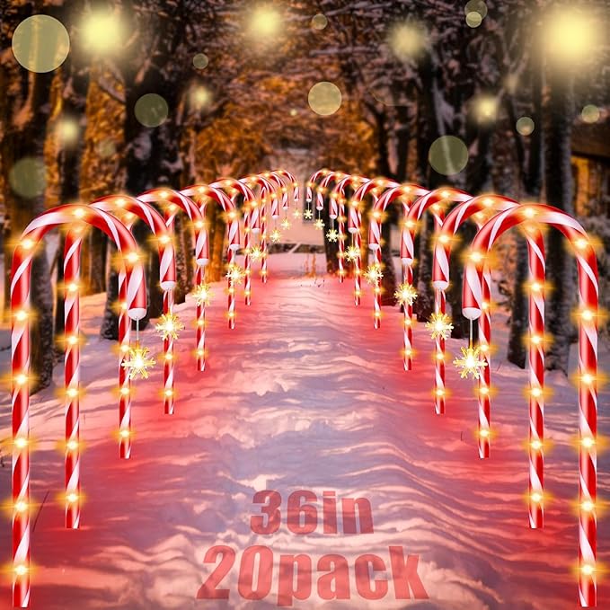 20 Pack 36" Candy Cane Lights Outdoor Pathway with Timer 6/18H, Real 30" (36" with Stake) Tall Candy Cane Pathway Lights, 62FT Christmas Decorations Outside, 8 Modes Warm LED Lights with Snowflake