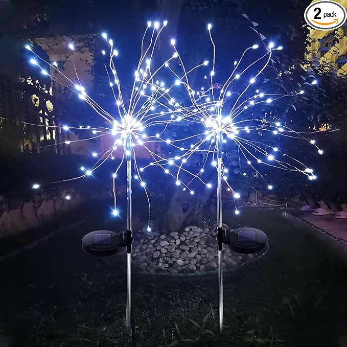 Solar Firework Lights, 2 Pack 120 LED Solar Garden Stake Lights for Outdoor Patio Lawn Decor (Cool White)