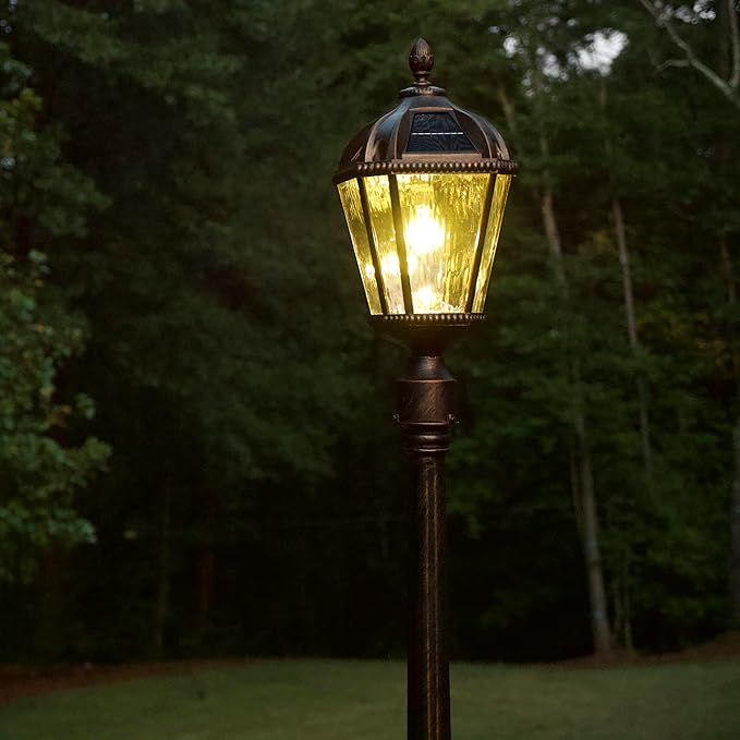 Gama Sonic Outdoor Solar Lamp Post Light, Brushed Bronze Aluminum and Rain Glass Panels, 10-Year Royal Bulb, Warm | Lumora
