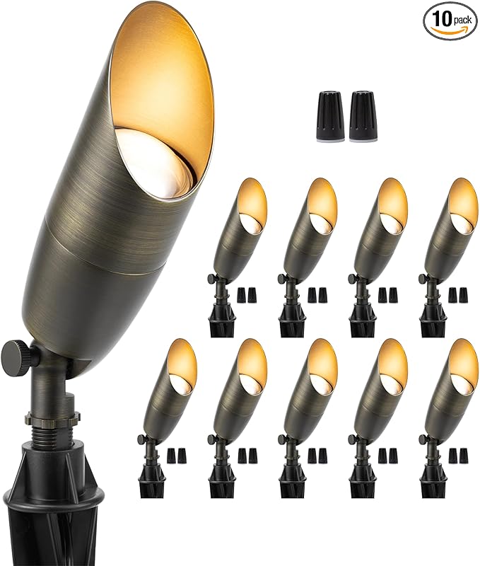Gardenreet Spotlight Low Voltage LED - 12V AC/DC Outdoor Ground Spot Light Fixture, Weather Proof Brass Landscape Lights, Directional Hardwired Bronze for Flag Sign Without Bulbs (10 Pack)