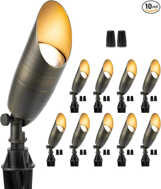 Gardenreet Spotlight Low Voltage LED - 12V AC/DC Outdoor Ground Spot Light Fixture, Weather Proof Brass Landscape Lights, Directional Hardwired Bronze for Flag Sign Without Bulbs (10 Pack)