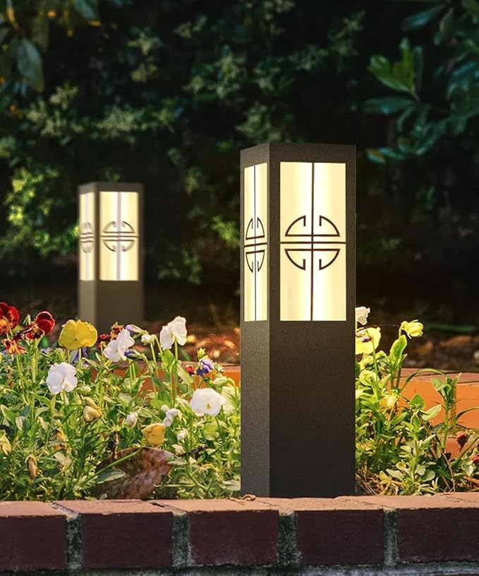 Solar Garden Path Lights Square Black Metal Pathway Lights Chinese Style Glass Bollard Lantern Dimming Landscape Lighting Fixture for Lawn Front/Back Door Balcony