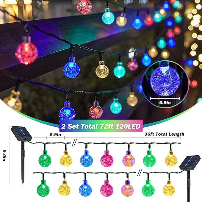 Solar Lights Outdoor Waterproof, 2 Pack Total 120LED 72FT Solar String Lights for Outside with 8 Modes, Outdoor String Lights Crystal Globe Patio Lights for Garden Yard Party Decor (Multicolor)