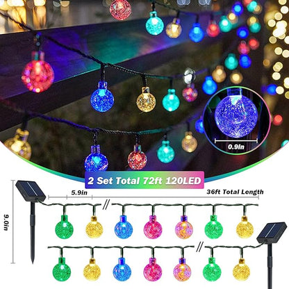 Solar Lights Outdoor Waterproof, 2 Pack Total 120LED 72FT Solar String Lights for Outside with 8 Modes, Outdoor String Lights Crystal Globe Patio Lights for Garden Yard Party Decor (Multicolor)