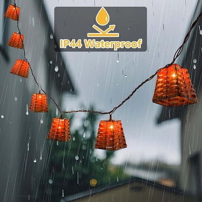 Outdoor-String-Lights-Waterproof, Boho Lantern String Lights for Patio, Garden, Porch, Balcony, Gazebo Decorative (PP Rattan)