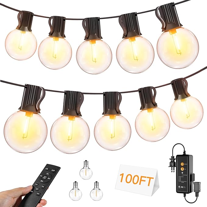 Outdoor String Lights with Remote Dimmer, 50 + 3 Spare G40 LED Bulbs Plug in Connectable Patio Lights, Waterproof Hanging Lights for Backyard Camping Balcony Yard Deck Party(100FT)