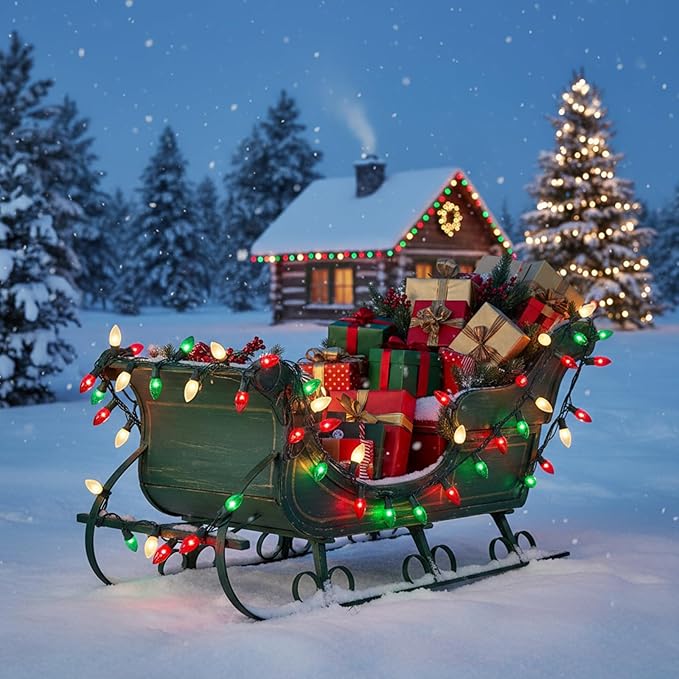 25FT C9 Christmas Lights Outdoor,Red White Green Christmas Lights with 26 Bulbs(1 Spare),C9/ E17 Base,Vintage Colored String Light for Garden, Yard, Party, Xmas Tree Decorations