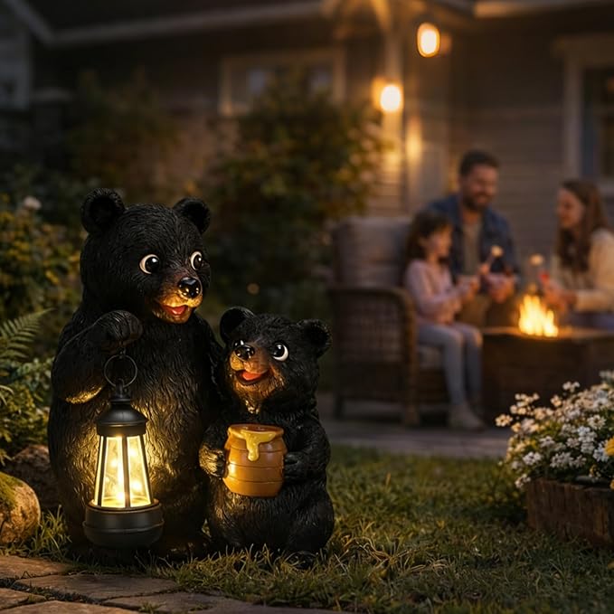 Lavezee Garden Bear Statues, Mother and Baby Bear Figurines with Solar Lantern for Outdoor Porch Yard Lawn, Unique Bear Gifts for Mom Grandma Wowen
