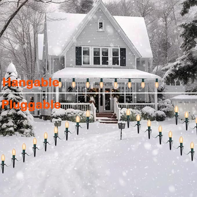 SUNSGNE C9 LED Christmas Pathway Lights Outdoor 38 Feet Sidewalk String Lights with Marker Stakes, 25 LED Clear Connectable Christmas Walkway Markers Lights for Outside Porch Garden Yard Lawn Decor