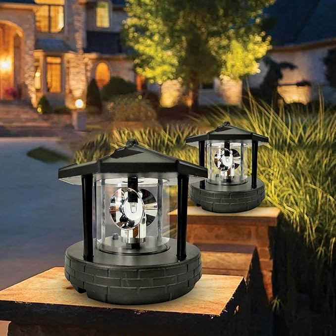 Solar Powered Rotating Lighthouse 360 Degree Rotating Lamp with High Brightness Eco-Friendly LED Lights Waterproof Statue for Garden, Yard, Outdoor Deco, Black