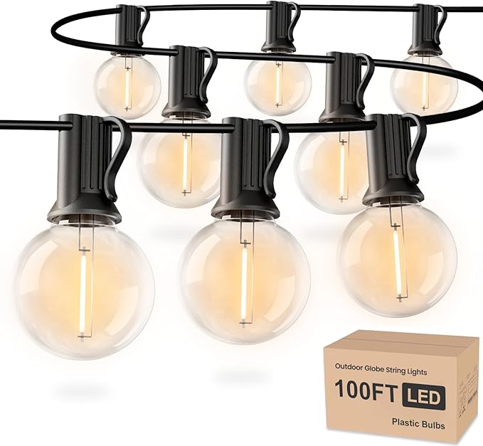 RTTY Outdoor String Lights 100 FT, Patio Lights with 52pcs Plastic G40 Globe Bulbs, Shatterproof Waterproof Connectable for Cafe Bistro Backyard Balcony