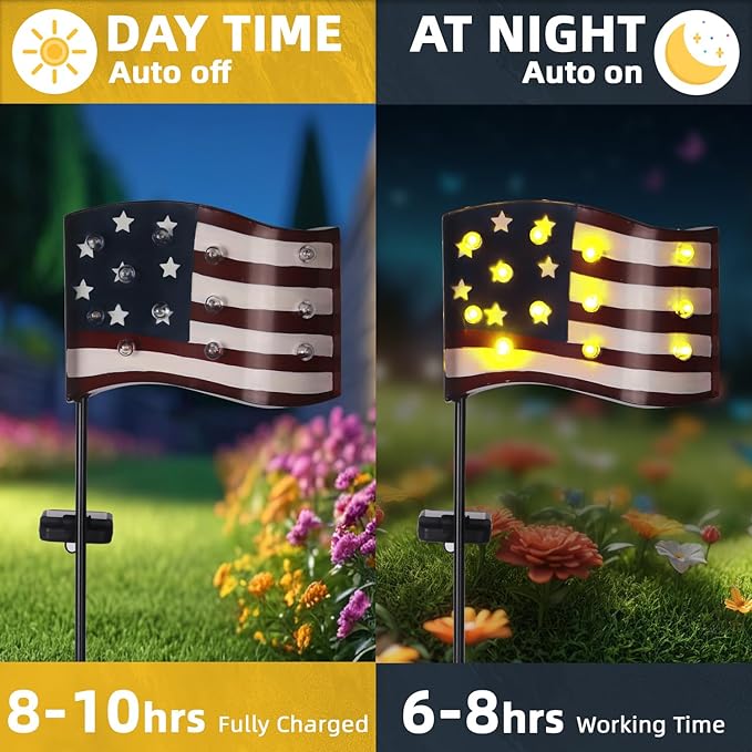 Garden Lights Solar Powered American Flag for Fourth of July Decorations, Memorial Day Decorations Outdoor Tall Patriotic Solar Patio Lights with 12 Vintage Bulbs 49.6" for Yard Pathway Lawn