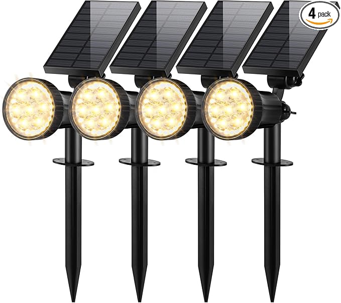 Solar Spot Lights Outdoor Waterproof, Upgraded 3-Level Ultra Bright LED Spotlights for Landscape, Solar Powered Garden Uplights for Wall, Tree, Pathway, Yard, Patio, Auto On/Off - 4 Pack (Warm White)