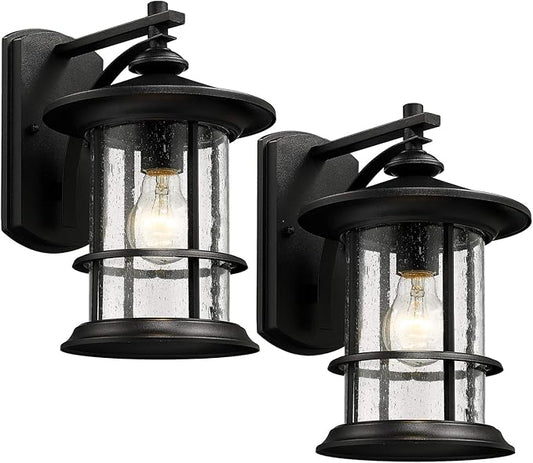 MICSIU 12.5" Textured Black Outdoor Wall Sconce 2 Pack, Large Exterior Light Fixtures with Clear Seedy Glass, Waterproof Anti-Rust Wall Mount Lantern for House, Porch, Garage, ETL Listed