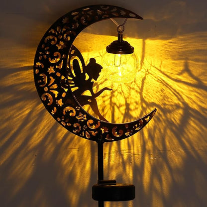 Solar Garden Lights Waterproof Warm White LED Metal Decorative Lights Moon Fairy Crackle Glass Stake Outdoor Pathway Solar Powered Garden Decorations for Walkway Lawn Patio Yard